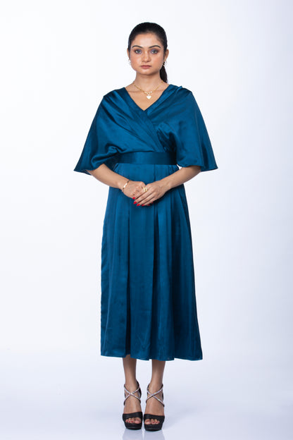 Blue satin drape dress