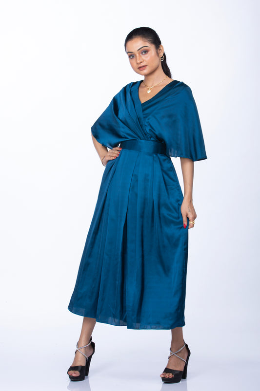 Blue satin drape dress